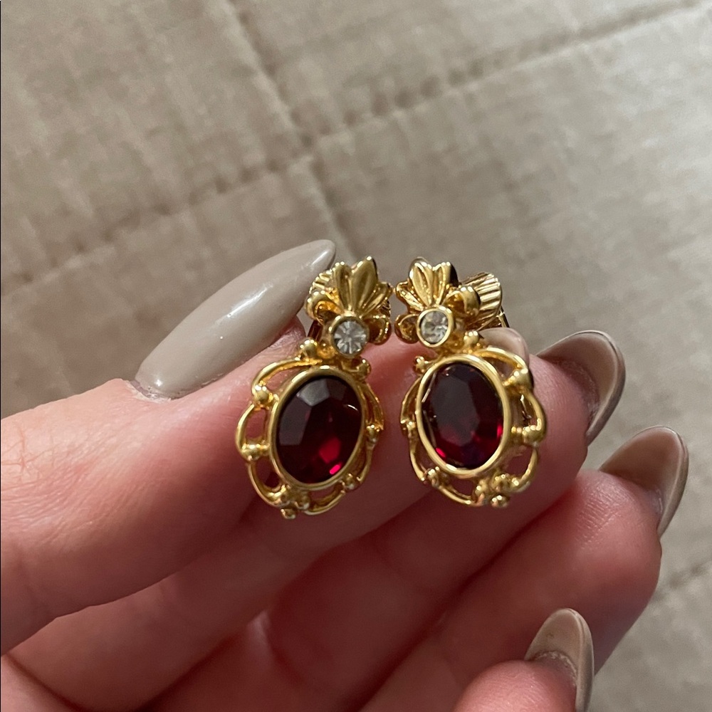 Vintage Gold and Red Gemstone Earrings